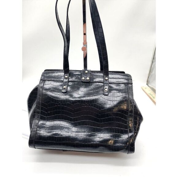 Black Crocodile-Embossed Patent Leather Tote Bag By Maggie Barnes - Picture 2 of 6